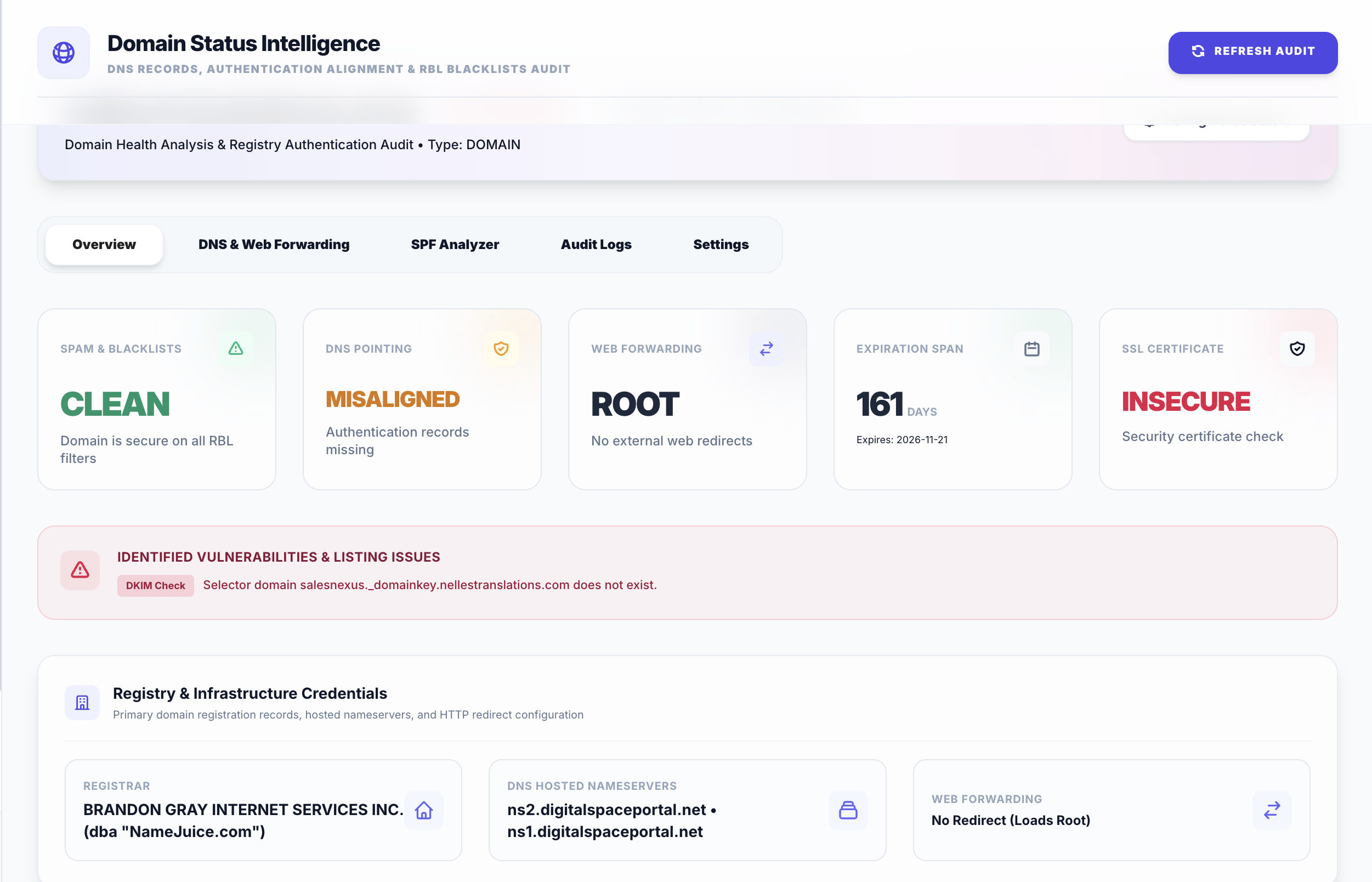 InboxPin — Email Deliverability Dashboard showing DMARC compliance, warmup status, and blacklist monitoring
